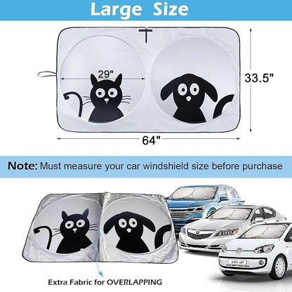 IC ICLOVER Car Windshield Sunshade with Pet Design, Cute Cartoon Design Front Auto Car Windshield Sun Shade Folding Silvering Sun Visor - UV Coating for UV Ray Deflector (Dog & Cat) -Large