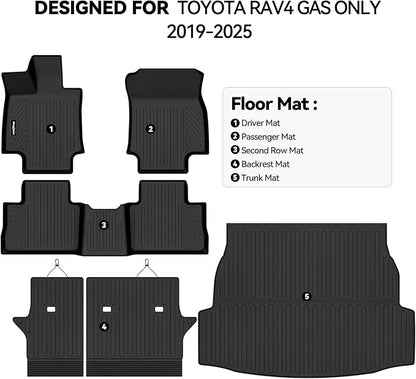 Floor Mats for Toyota RAV4 2019-2025 Gas Only, Trunk Mat and Backrest Mat All Weather TPE Protector for Toyota RAV4 Accessories (Not for Hybrid)