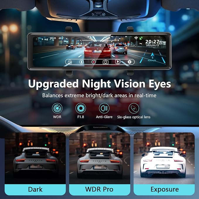 12" Rear View Mirror Camera 4K + 2K Mirror Dash Cam Front and Rear with STARVIS Night Vision Rearview Mirror Backup Camera, WDR, G-Sensor, Loop Recording, GPS, App, 64GB Card