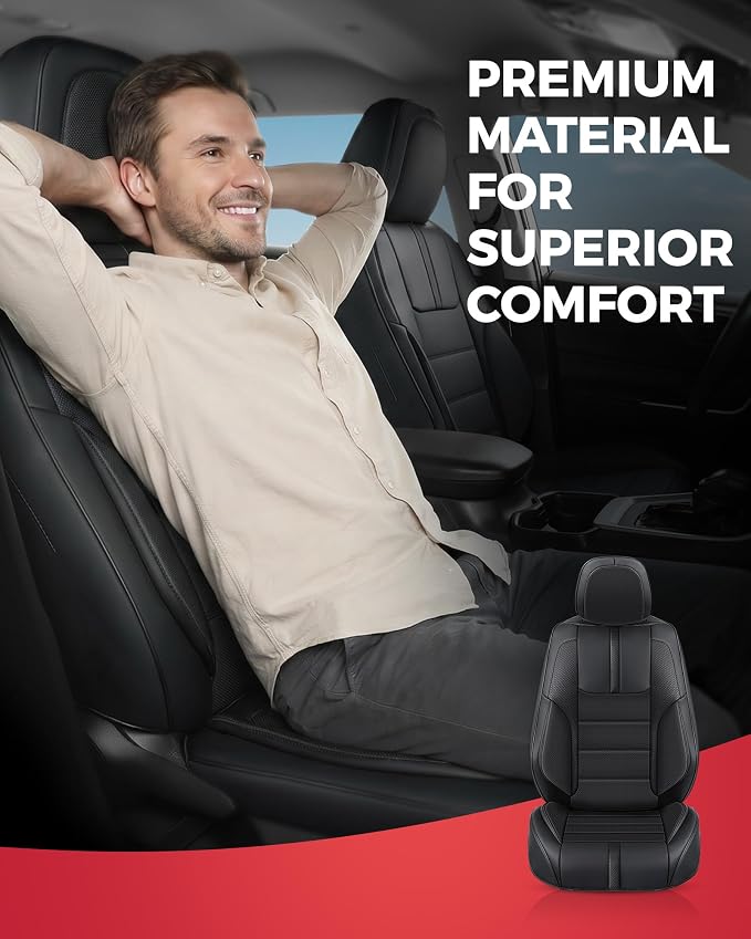 FREESOO Universal Full Seat Covers, Waterproof Faux Leather Automotive Seat Covers with Carbon Fiber Texture Seat Belt Pads, Anti-Slip Airbag Compatible Car Seat Covers for Cars SUVs Trucks