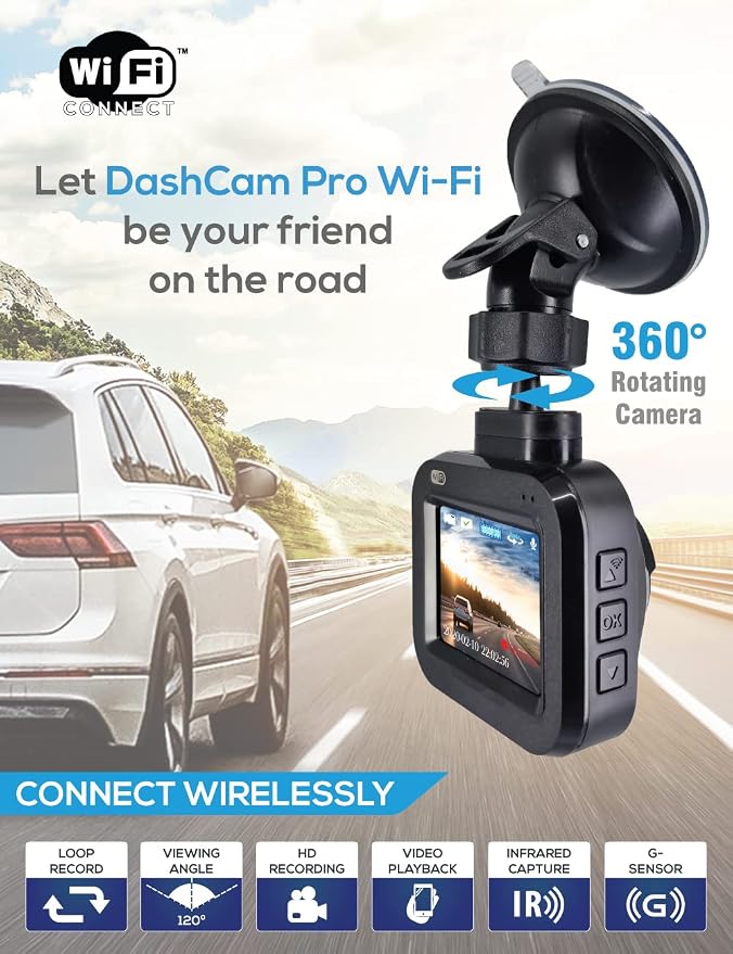 Dash Cam Pro Wi-Fi - As Seen on TV Dash Cam 360°, Motion Detection, 2.0” LCD, 1080p HD, Dashboard Camera Video Recorder, Loop Recording, Night-Mode