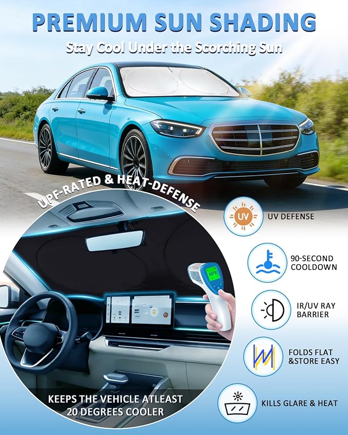 Windshield Sun Shade for Mercedes Benz S Class W222 S400 S550 2015 2016-2024 2025, Custom-Fit Mercedes Benz S Class Sun Visor Protector, 99% UV Block Heat Sun Shield Front Window Sunshade