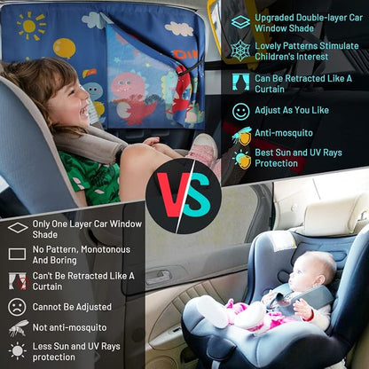 DIZA100 Car Window Shades, 2 PCS Magnetic Double Layer Sun Shade, Side Windows Privacy, Full Covers/Half Shade Options, Cute Dinosaurs, Compatible with Car, SUV, Minivan