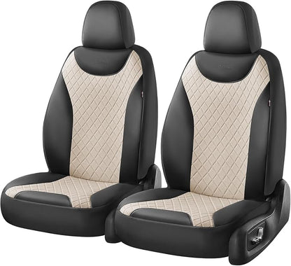 Coverado Front Seat Covers, 2 Seats Universal Seat Covers for Cars, Leather & Fabric Splicing Design Car Seat Protectors, Waterproof Car Seat Cushions Universal Fit for Vehicles, Black & Beige