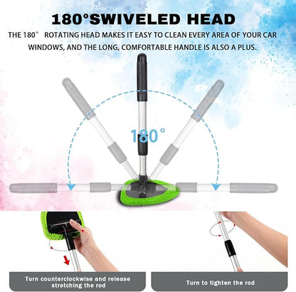 Windshield Cleaning Tool, Car Window Cleaner with Extendable Handle, 4 Microfiber Pads and Spray Bottle, Auto Interior Exterior Glass Wiper Cleaning Kit Universal for RV, SUV, Truck (Green)