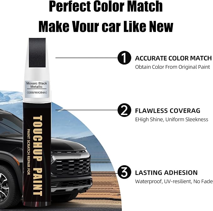 Mosaic Black Metallic(GB8/WA384A) Car Paint Touch Up Pen for Chevy, 2-In-1 Color Accurate Touch Up Car Scratch Repair Paint Exact Match Chevy Series Automotive Scratch Remover for Nicks & Chips Repair