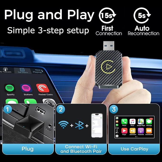 Wireless CarPlay Adapter 2026 Upgraded,CarPlay & Android Auto 2-in-1, Mini USB Design for Cars with Wired CarPlay,Fast Auto-Connect,Plug & Play,for iOS 10+, Android 11+ Version(Carbon Fiber Color)