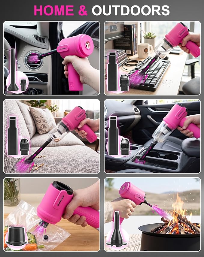 ThinkLearn 27pcs Car Cleaning Kit, 4-in-1 12000Pa Cordless Mini Handheld Vacuum Cleaner & Air Duster, Portable Pink Car Detailing Kit with Interior Accessories for Car, Home, Office, Gift for Women