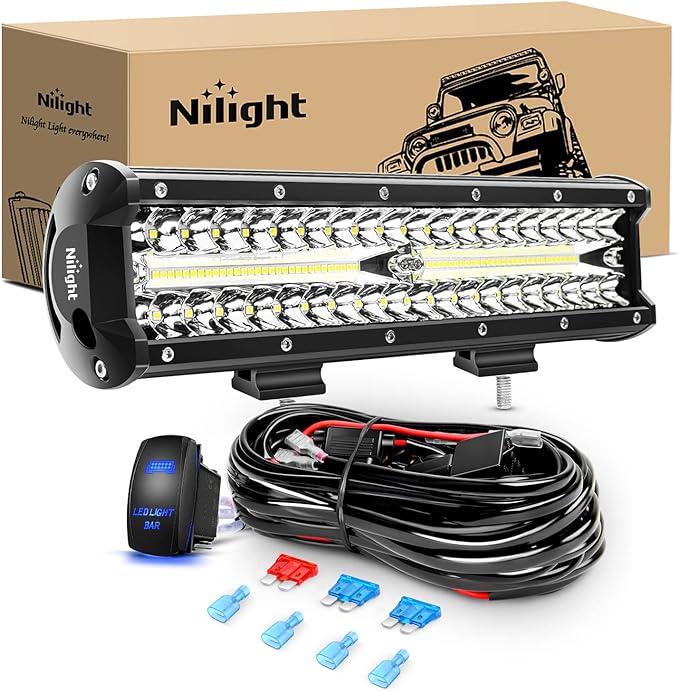 Nilight 12Inch 300W Triple Row Flood Spot Combo 30000LM Driving Boat Led Off Road Lights 16AWG Wiring Harness Kit-One Lead for Truck,2 Years Warranty