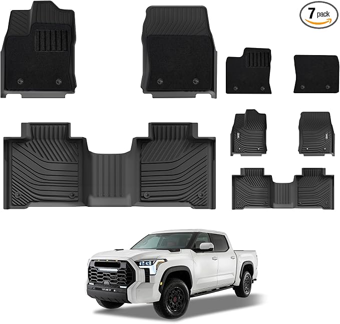 3W Floor Mats & Front Carpets Fit 2022-2026 Toyota Tundra (Only for CrewMax Cab), SR/SR5/TRD PRO/Limited/Platinum/Castone Custom Fit All-Weather TPE Front & Rear Row Floor Liner Black