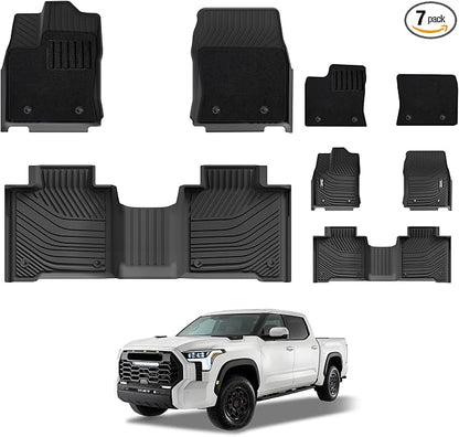 3W Floor Mats & Front Carpets Fit 2022-2026 Toyota Tundra (Only for CrewMax Cab), SR/SR5/TRD PRO/Limited/Platinum/Castone Custom Fit All-Weather TPE Front & Rear Row Floor Liner Black