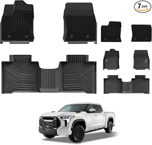 3W Floor Mats & Front Carpets Fit 2022-2026 Toyota Tundra (Only for CrewMax Cab), SR/SR5/TRD PRO/Limited/Platinum/Castone Custom Fit All-Weather TPE Front & Rear Row Floor Liner Black