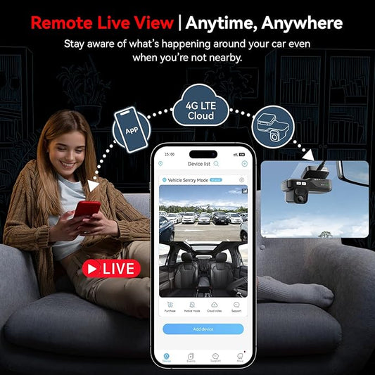 4G LTE Dash Cam with Live View, 2K+1080P Front Inside Anti-Theft Car Camera Live Streaming, Instant Alert via App, Cloud & SD Storage, IR Night Vision, No Screen, 24/7 Parking Mode, GPS, OBD
