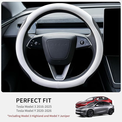 Uxcer Premium Leather Steering Wheel Cover for Tesla Model 3/Y 2016-2025 2026 Juniper/Highland, Non-Slip Breathable Tesla Model 3/Y Steering Wheel Protector, White