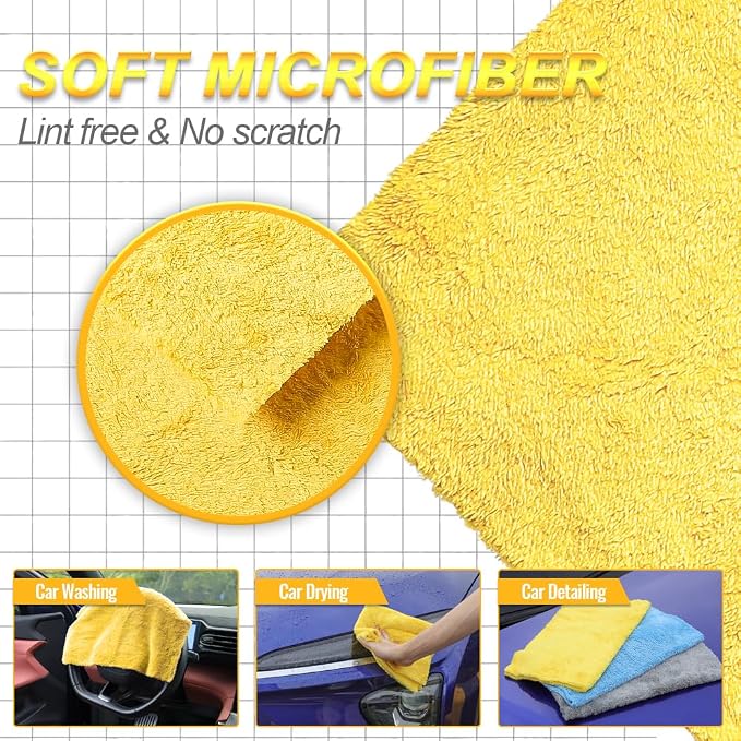 Car Wash Towels 16x16 - Coral Fleece, Yellow 6-Pack | 450gsm thick coral fleece. Highly absorbent, lint & scratch-free for auto detailing, washing, and home cleaning.