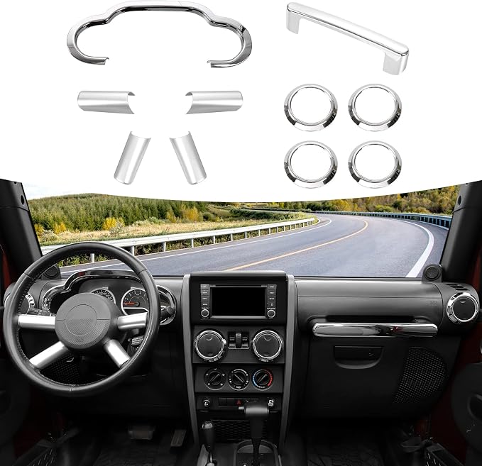10PCS Full Set Interior Trim Kit Compatible with 2007-2010 Jeep Wrangler JK JKU,Co-Pilot Grab Handle Dashboard Frame Bezel Side Outlet Cover Trim (Chrome)