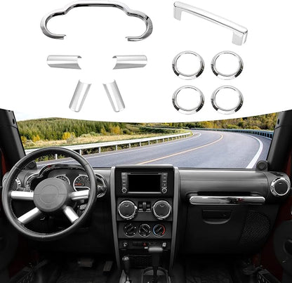 10PCS Full Set Interior Trim Kit Compatible with 2007-2010 Jeep Wrangler JK JKU,Co-Pilot Grab Handle Dashboard Frame Bezel Side Outlet Cover Trim (Chrome)