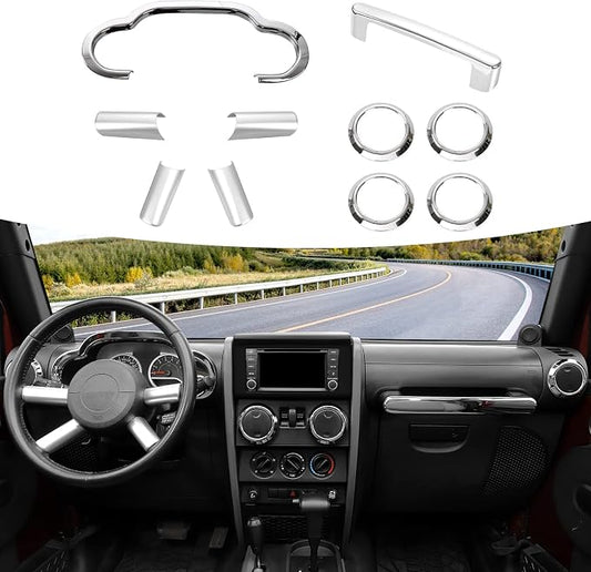 10PCS Full Set Interior Trim Kit Compatible with 2007-2010 Jeep Wrangler JK JKU,Co-Pilot Grab Handle Dashboard Frame Bezel Side Outlet Cover Trim (Chrome)