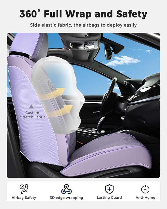 Huidasource Car Seat Covers Full Set, Universal Fit for Most Cars SUV Trucks, Full Coverage Nappa Leather Seat Cover, Airbag, Cupholder Compatible, Velcro Adjustable,Seat Function Retain, Light Purple
