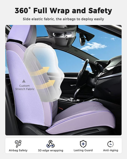 Huidasource Car Seat Covers Full Set, Universal Fit for Most Cars SUV Trucks, Full Coverage Nappa Leather Seat Cover, Airbag, Cupholder Compatible, Velcro Adjustable,Seat Function Retain, Light Purple