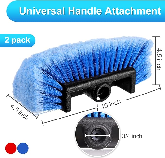 Vesici Car Wash Brush Head with Soft Detailing Bristle Flow Thru Car Cleaning Brush Exterior Car Wash Equipment for Auto Truck RV Boat Camper Washing, 10 Inch(Red, Blue,2 Pcs)