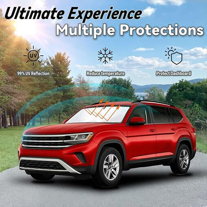 Windshield Sun Shade for Volkswagen Atlas 2018-2024 2025 2026 VW Atlas Cross Sport, Car Front Window Sunshade with 240T Sun Visor Protector Blocks UV Rays Heat Sun Shield Accessories