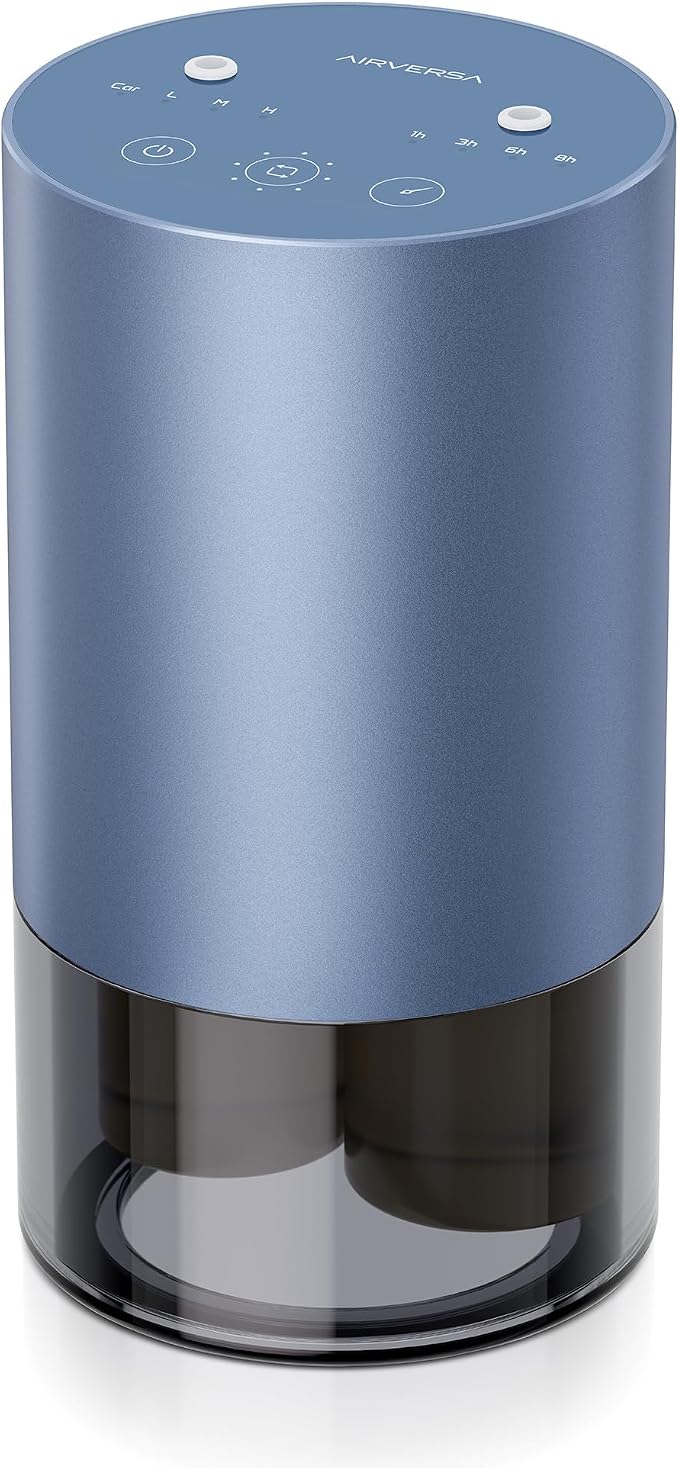 Airversa Dual-Nozzle Waterless Diffusers for Essential Oils Rechargeable Mini Scent Machine with 5 Timer Settings, 4 Mist Levels with Vehicle Mode for Car Home Room Studio Office, Ice Blue Metal