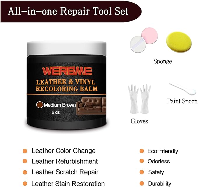 Leather Recoloring Balm - Leather & Vinyl Repair Balm for Furniture, Couches,Car Seats, Auto Interior & Accessories, Restores Faded, Worn, Scratched and Cracked Leather Surfaces (Medium Brown)