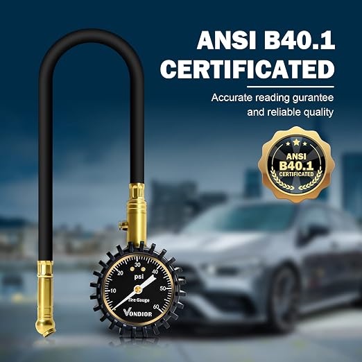 Vondior Tire Pressure Gauge with Tube (0-60 PSI), Air Pressure Gauge Certified ANSI Accurate with Large Easy to Read Glow Dial, Tire Pressure Gauge for Car Trucks Bicycle Tires