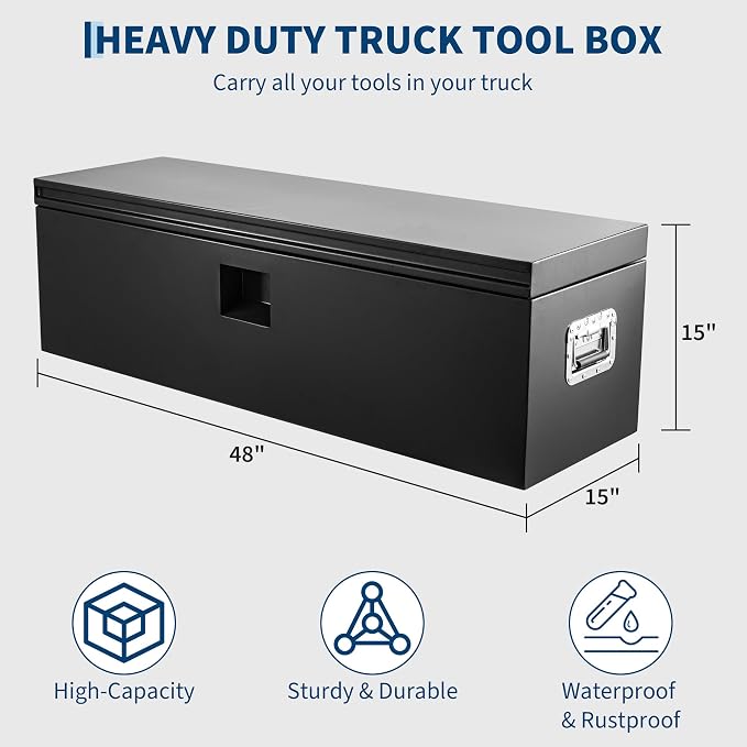 IDEALHOUSE Truck Bed Tool Box and Trailer Tongue Box - 30" Black Steel Storage Chest for Pickup Trucks, RVs, Trailers, Vans, 48"x 15"x 15"