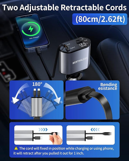 BERTHALESS Retractable Car Charger, 4 in 1 Fast Charging Car Charger with USB-C & USB-A, Compatible with iPhone 17/16/15/14/13/12/11,Galaxy,Pixel,Car Accessories Gifts for Fathers Day,Husband,Men,Dad
