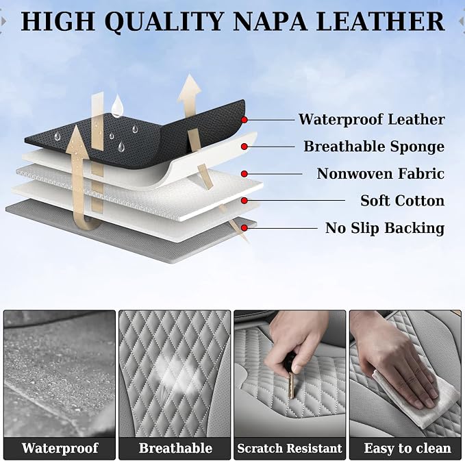 Coverado Gray Nappa Leather Car Seat Covers Front Seats ，Waterproof Car Seat Protector & Cushion, Universal Fit for Most Cars
