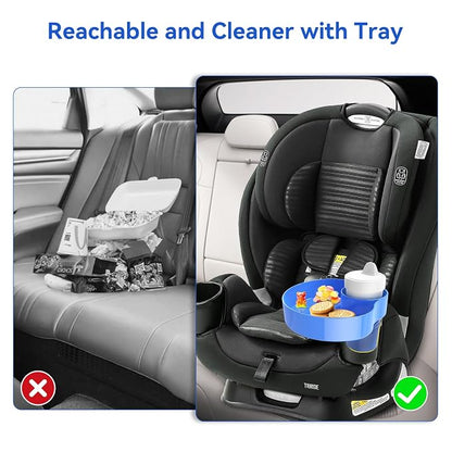 Car Seat Snack Tray: Travel Tray for Kids Carseat Cup Holder with Food Trays, Stroller Snacks Plate for Toddlers, Kid Road Trip Essentials, Blue