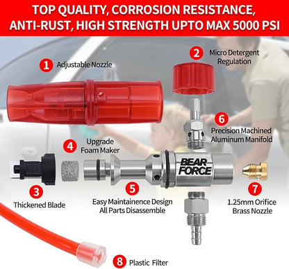 BEAR FORCE Pressure Washer Spray Gun Power Washer Short Gun with M22-ID14mm & Foam Cannon Foam Gun with 5 Nozzles Tips #035 & 3/8'' Quick Connector Swivel, Additional Orifice Nozzle 1.10mm Car Washing