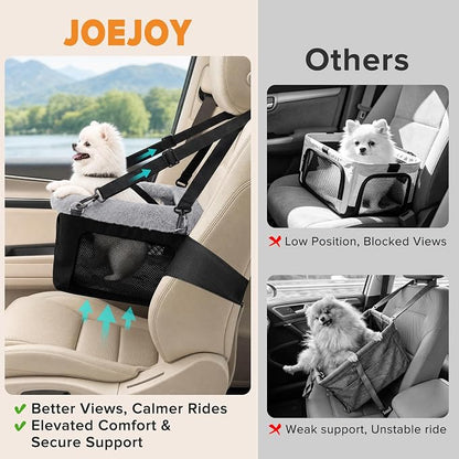 JOEJOY Deluxe Dog Booster Seat with Sturdy Metal Frame and Safety Leash for Small Pets up to 20 lbs - Portable Puppy Dog Car Seat with Thick Cushion and Storage Pockets for Small Dogs, Black