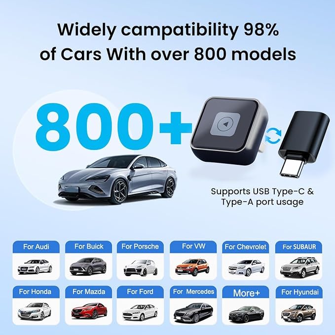 Wireless Carplay Adapter(2025 Upgrade), Plug and Play, Convert Wired to Wireless Bluetooth Carplay Adapter for iPhone - No Latency -Mini Size