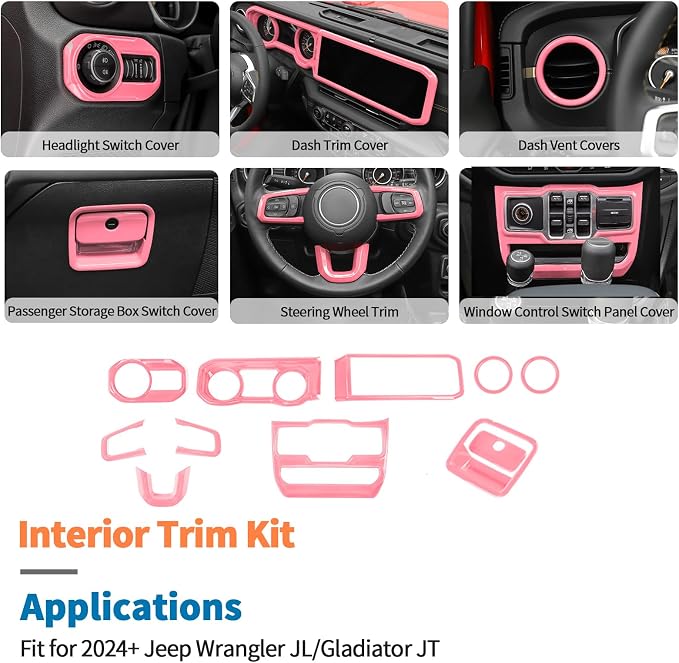 JeCar 11pcs Pink Interior Trim Kit for 2024 2025+ Jeep Wrangler JL JLU & Gladiator JT