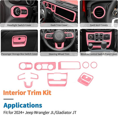 JeCar 11pcs Pink Interior Trim Kit for 2024 2025+ Jeep Wrangler JL JLU & Gladiator JT