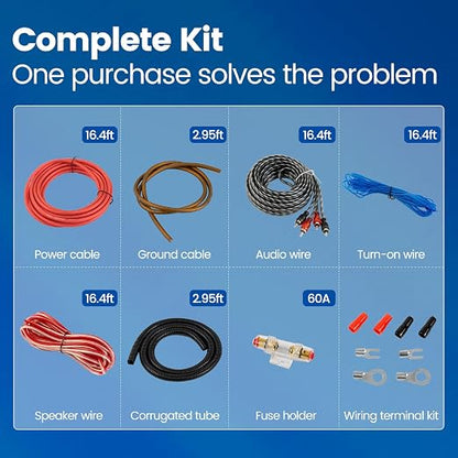 Muzata 8 Gauge Complete Car Amplifier Installation Wiring Kit Subwoofer Amp Install Kit with Power and Ground Cables Speaker Wire Terminals Subwoofer Speaker Audio System M083