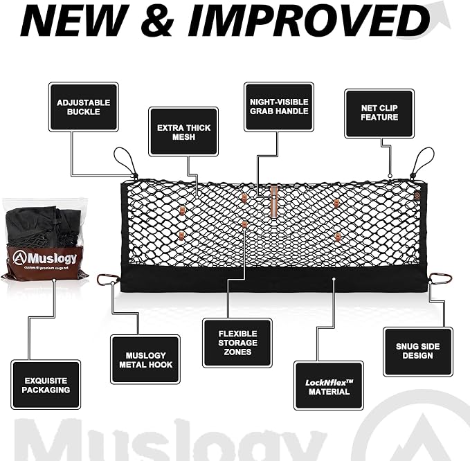 Muslogy Truck Bed Cargo Net Trunk Netting Compatible with 2022-2025 2026 Jeep Grand Cherokee WL (2-Row) Accessories, Pickup Cargo Organizer SUV Sedan Storage Net w/Heavy Duty Carabiners