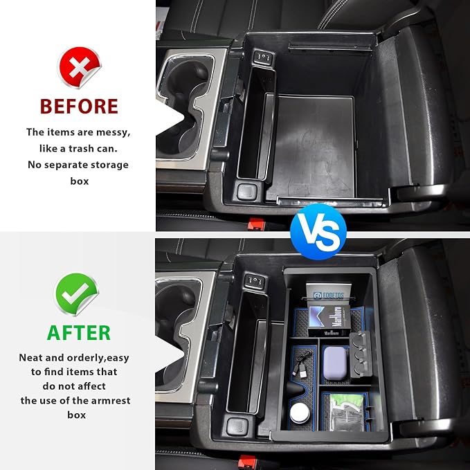 EDBETOS Center Console Organizer Tray Compatible with GMC Sierra 1500 Accessories/Silverado 1500 2014-2018 / Silverado 2500/3500 HD 15-19 /Suburban/Tahoe/Yukon 15-20 Armrest Storage Box (Blue Trim)