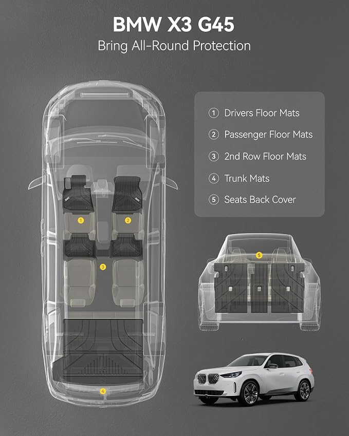 3W Floor Mats & Cargo Liner Fit for 2025 2026 BMW X3 G45, Metal Pedal, Seatback Protector Mats Cover, Trunk Mat TPE All Weather Custom Fit Car Accessories Full Set BMW X3 30/50M xDrive