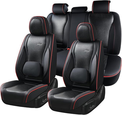 Coverado Car Seat Covers Full Set, Black Redline Seat Covers for Cars, Waterproof Nappa Leather Automotive Seat Covers with Lumbar Head Pillow, Car Seat Protectors, Universal Fit for Most Cars SUV