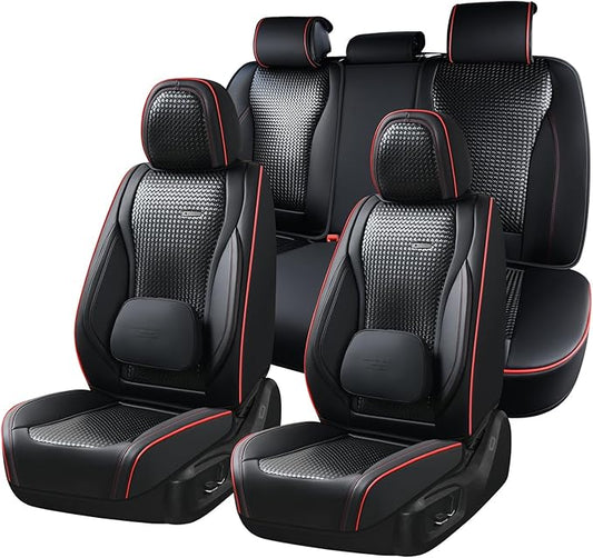 Coverado Car Seat Covers Full Set, Black Redline Seat Covers for Cars, Waterproof Nappa Leather Automotive Seat Covers with Lumbar Head Pillow, Car Seat Protectors, Universal Fit for Most Cars SUV