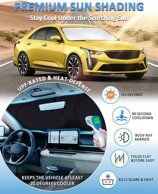 Windshield Sun Shade for Cadillac CT4 2020-2026 Sedan Luxury/Sport, Custom-Fit CT4 Sun Visor Protector, 99% UV Block Heat Sun Shield, Silver Reflective Front Window Sunshade