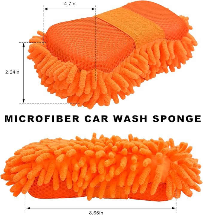 Microfiber Car Wash Sponge, Scratch-Free Vehicle Washing Mitt with Chenille & Mesh Sides, Highly Absorbent Sponge Lint-Free Cleaning Tool for Car Washing & Detailing (Orange)