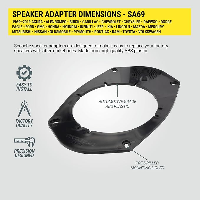 Scosche SA69 6X9" to 5.25”-6.5” Speaker Adapters Compatible with Select Import and Domestic Vehicles - 5 1/4" to 6 1/2" Adapter for Car Door Speakers - Sold in Pairs - See Guide in Image for Vehicles