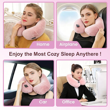 Keemall Inflatable Neck Pillow,Inflatable Travel Pillow Premium Pink U-Shaped with Soft Washable Cover, Compact Portable Airplane Travel Essentials for Flight, Car and Office, Travel Gift for Women