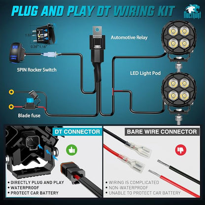 Nilight LED Pod Light 2 PCS 3.1 Inch 20W 4 LED Round Hyper Spot Beam Offroad Driving Lights w/18AWG Rocker Switch Wiring Harness Kit for Truck Motorbike Boat ATV UTV