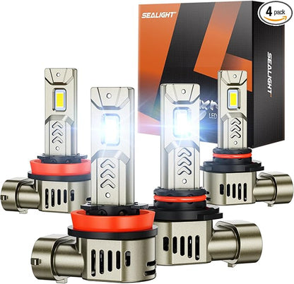 SEALIGHT 9005/HB3 H11/H9/H8 LED Bulbs Combo, 1000% 90000LM Super Brightest Light Bulb, 6500K Cool White, 70,000Hrs Long Service Life with 25000RPM Cooling Fan, Plug and Play, 4 Pack